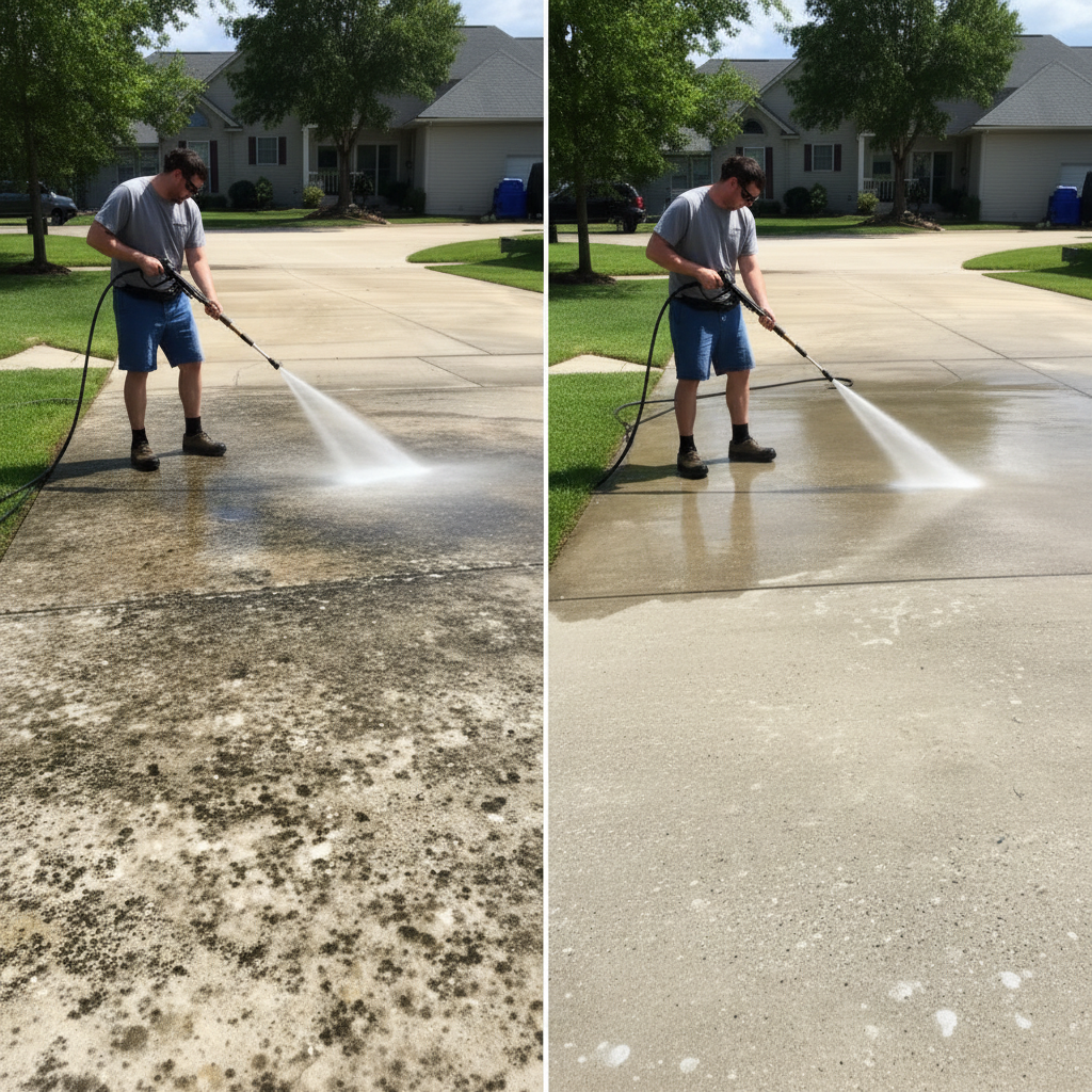 Pressure washing a concrete driveway