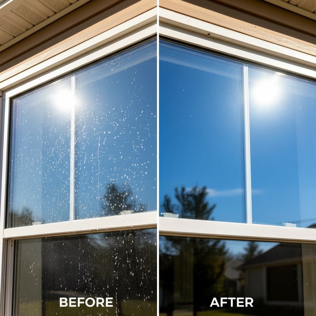 Clean sparkling window reflecting sky
